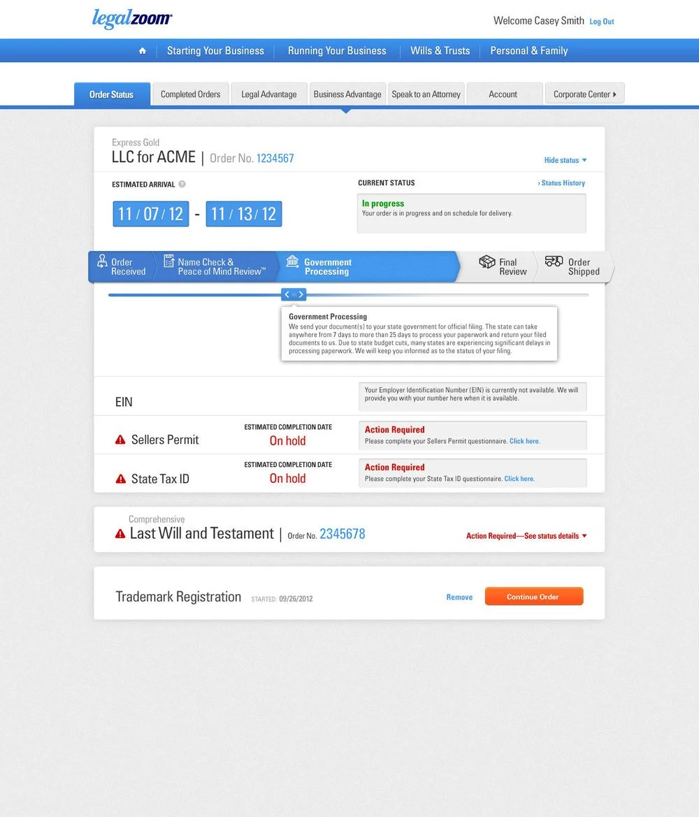LegalZoom dashboard interface